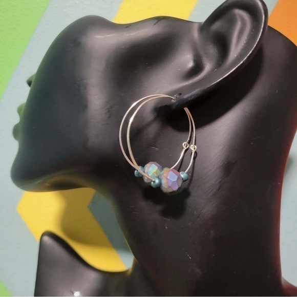 New Handmade Iridescent Glass Beads On Silver Colored Hoop Earrings Gift Boxed - Picture 6 of 9